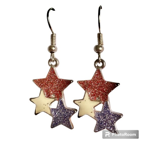 USA American Star Earrings Silver Plated 18" Patriotic July 4th Independence Day - Picture 3 of 10